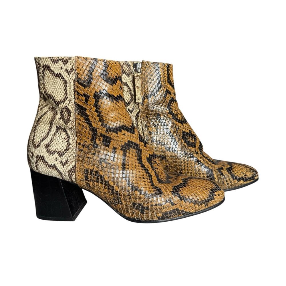 Freda Salvador Brown Cream Leather Snakeskin Tri-Snake Charm Ankle Boots 8
